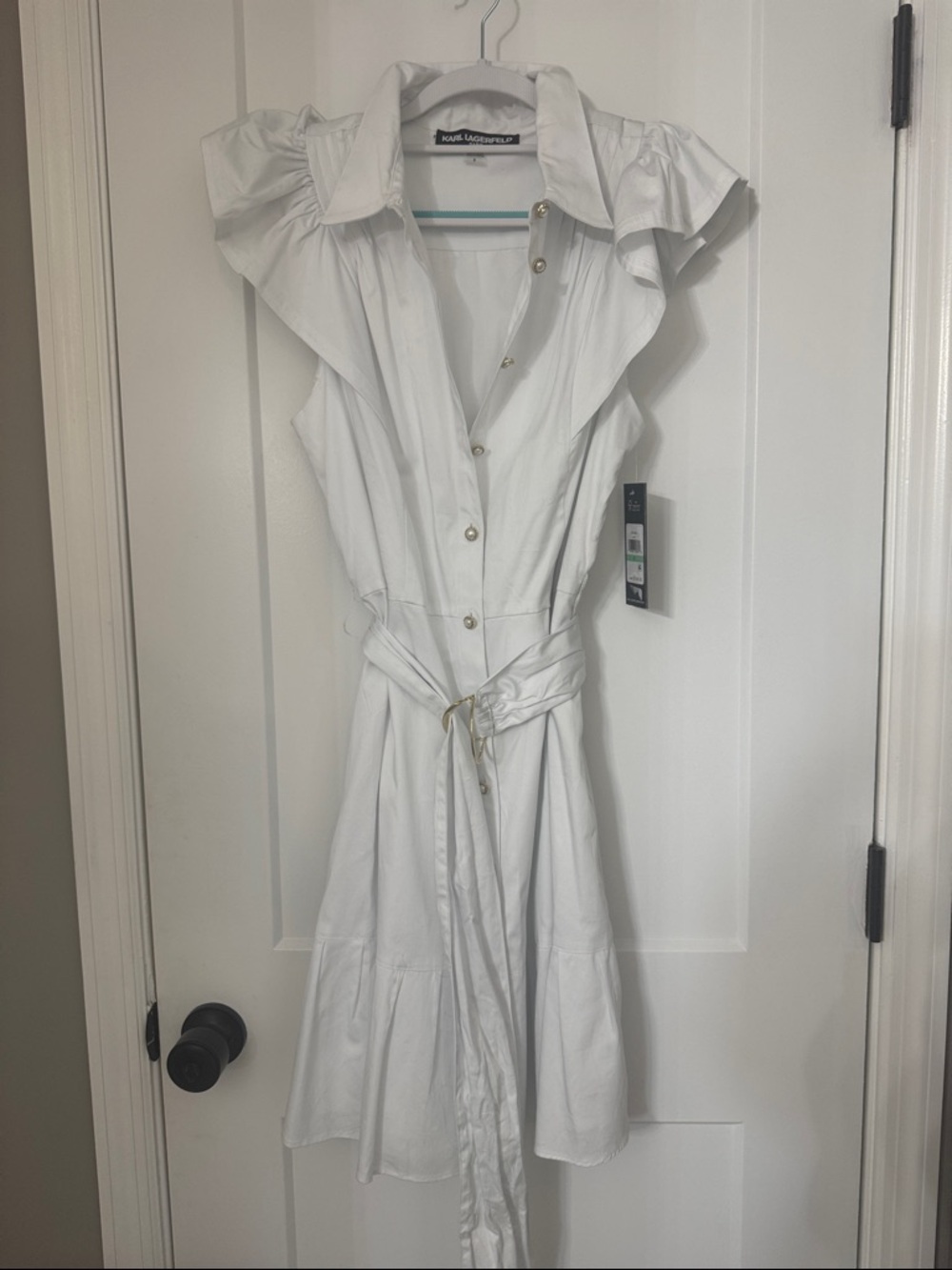 Karl Lagerfeld White Ruffled Sleeveless Shirtdress with Waist Tie